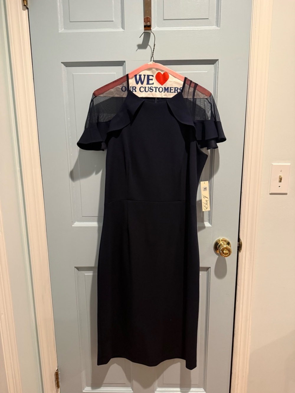 Eliza J Navy Midi Dress with Sheer Ruffle Yoke